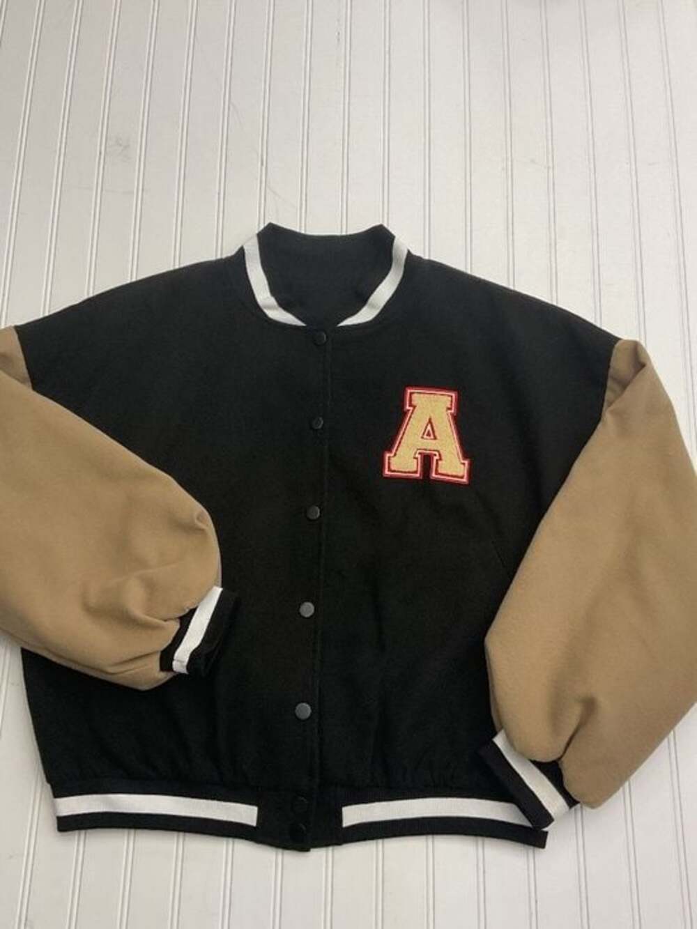 Boohoo Oversized Patchwork Letterman Varsity Jacket Black Tan US 8 M L